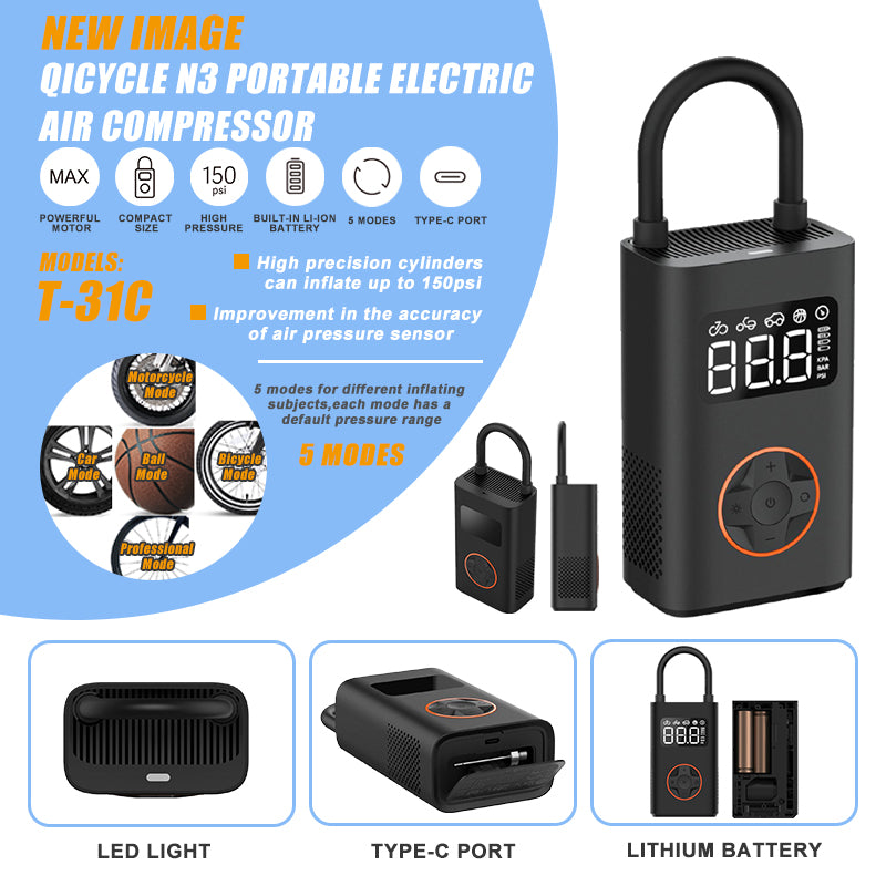 QiCYCLE N3 Portable Electric Air Compressor – Digital Smart Pump for Scooters, Bikes & More