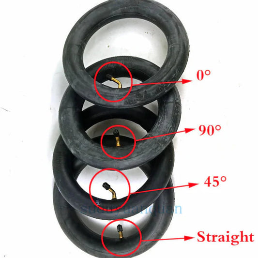 Three black inner tubes with labeled angles on a white background